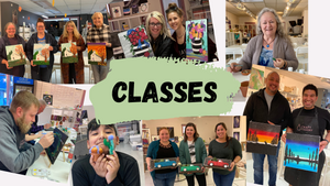 Images of completed art projects and students at Craft Theory. Features a fall church, flowers in a vase, felted cactus, ceramic truck, and space landscape painting.