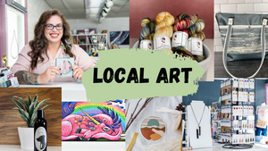 Pictures of local art at Craft Theory. Features concrete vase, hand dyed yarn, purse, dog shampoo, a puzzle, a sticker, and jewelry.